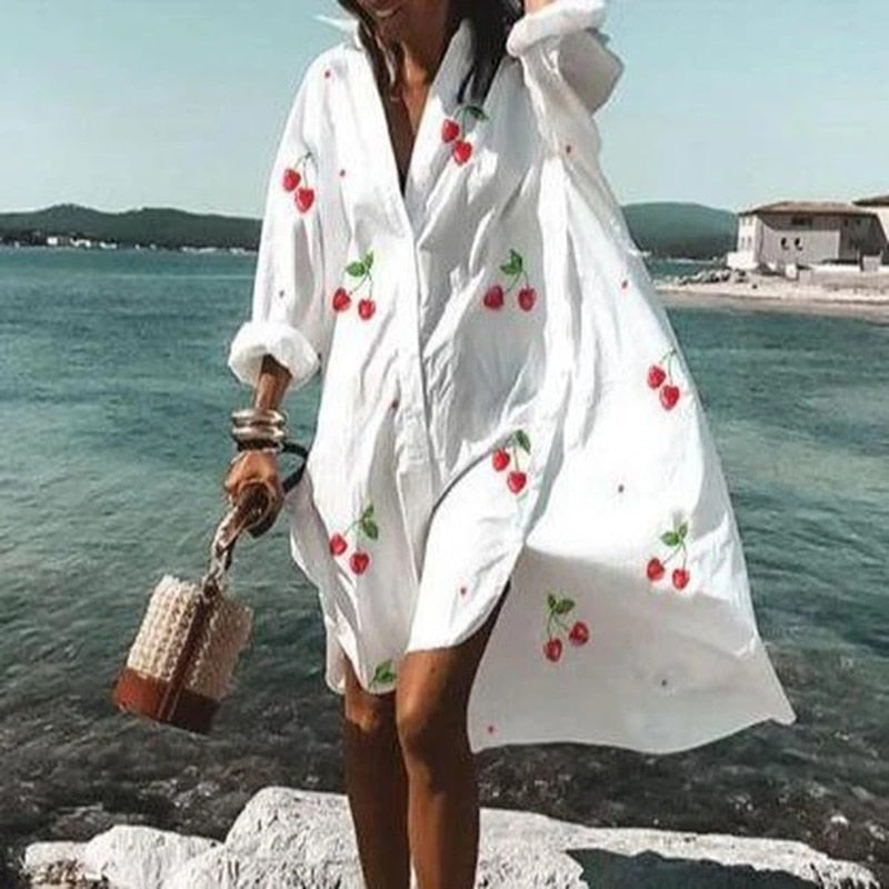 2021 Summer Women Dresses Turn-down Collar Print Casual Long Sleeve Shirt Dress Oversized Loose Beach Party Vestidos Robe Blouse