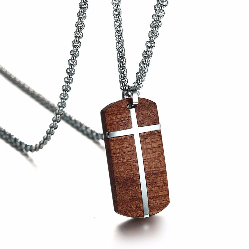 Vnox Vintage Rosewood Men Pendant Necklace Real Wood Wooden Stainless Steel Cross Office Jewelry drop shipping