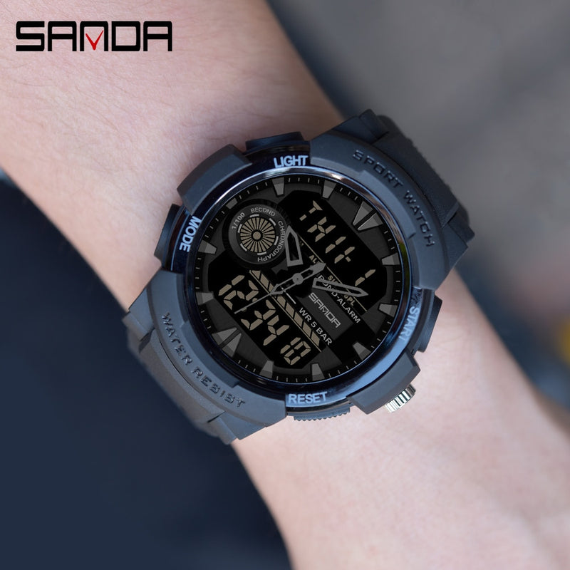 SANDA Watches For Men 50M Waterproof Clock Alarm reloj hombre Dual Display Wristwatch Quartz Military Watch Sport Mens Relogio