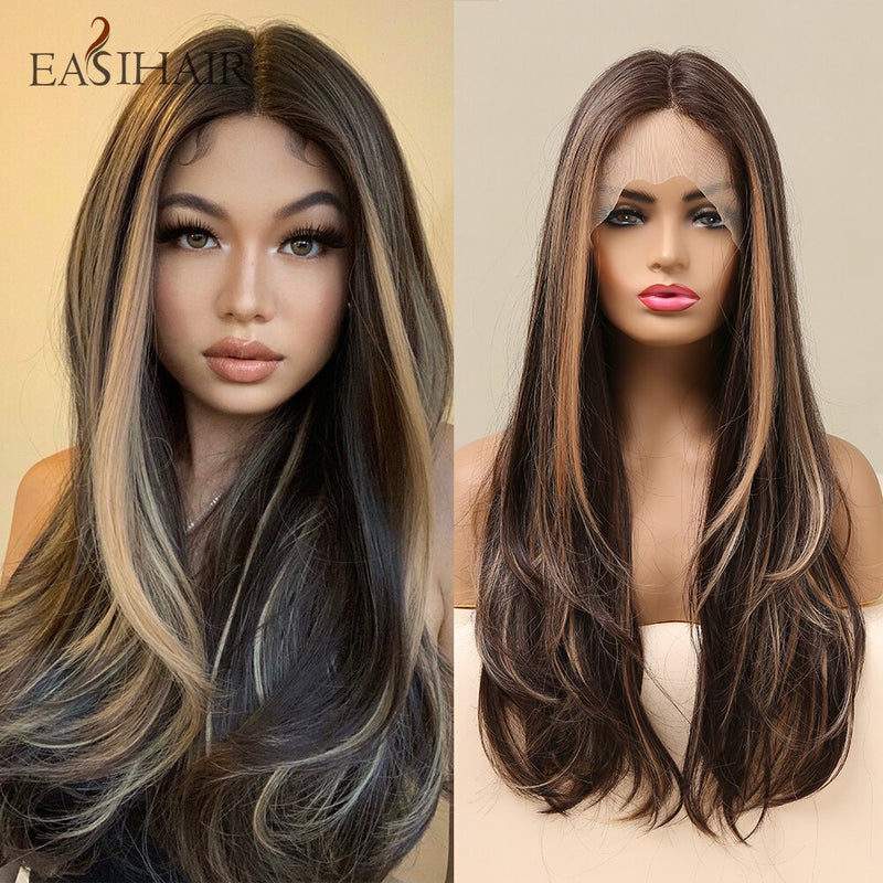 EASIHAIR Long Silky Straight Brown Blonde T Part Lace Wigs with Baby Hair High Density Heat Resistant Synthetic Wigs for Women