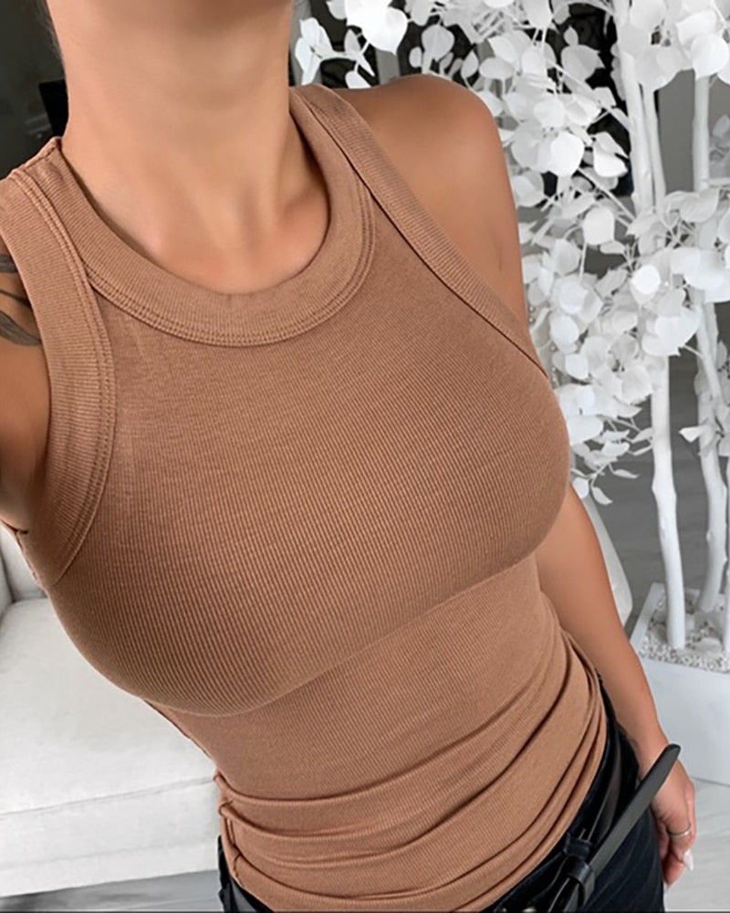 Frauen Solide Rundhals Geripptes Tank Top Camisole Frauen Sommer Basic Elastisches Tank Top O Neck Solid Tank Top Plus Größe