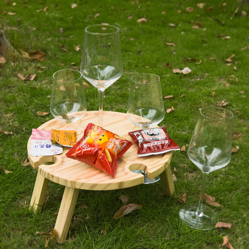 Portable Wooden Picnic Table Carry Handle Outdoor Folding Wine Table Removable Wine Glass Holder Folding Table Fruit Snack Tray