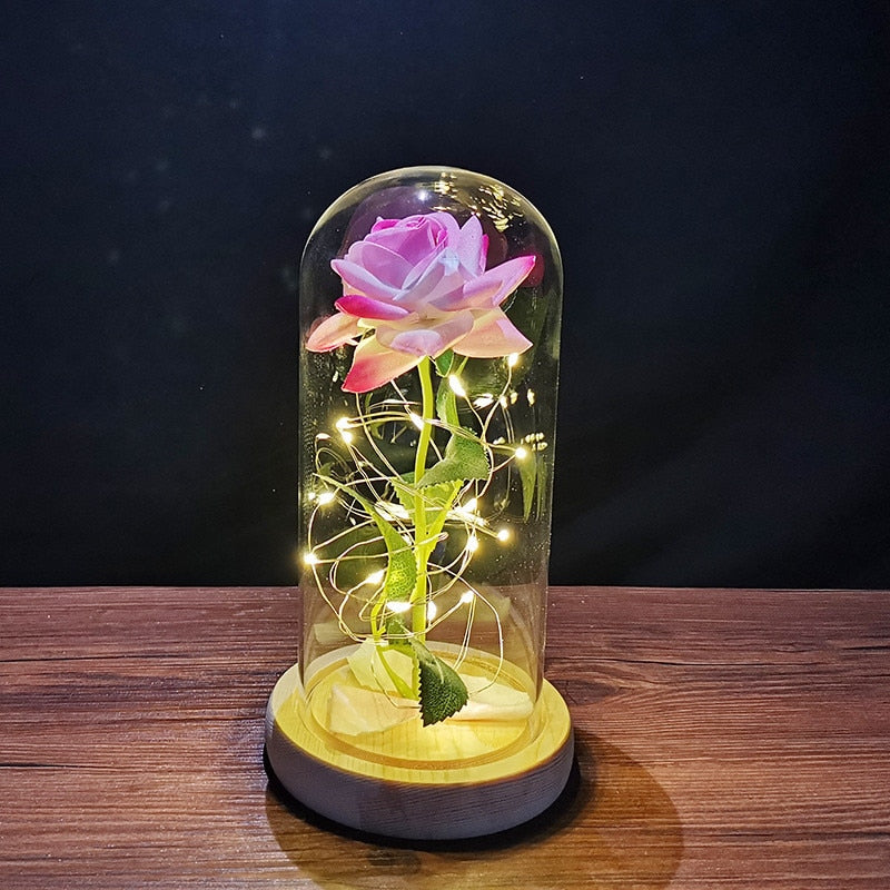 LED Enchanted Galaxy Rose Eternal 24K Gold Foil Flower with String Lights In Dome for Home Decor Christmas Valentine&