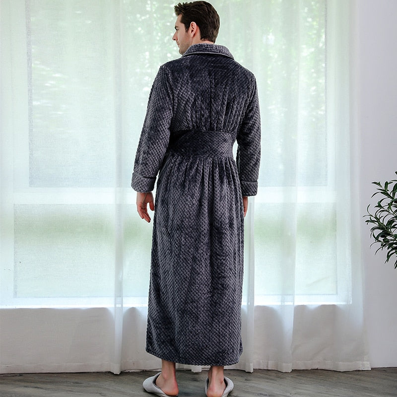 Albornoz de invierno de talla grande para hombre, albornoz largo de lana Coral, Kimono, albornoz cálido de franela, albornoz acogedor para hombre, ropa de dormir de noche, bata de mujer