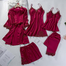 Lace Patchwork 5PCS Sleepwear Nightgown Kimono Bathrobe Gown Satin Lady Nighty&amp;Robe Suit Sexy Home Clothes White Wedding Robe