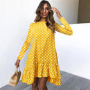 Lossky Damen Frühlingskleid Mode Tupfen Print Damen Freizeitkleidung Langarm Mini Kurze Lockere Gelbe Kleider Herbst 2022