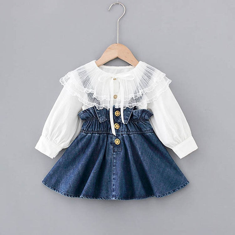 Conjunto de ropa de otoño para bebés y niñas, camisa de manga larga con solapa grande de encaje dulce + vestido de vaquero, conjunto de 2 uds de princesa vaquera