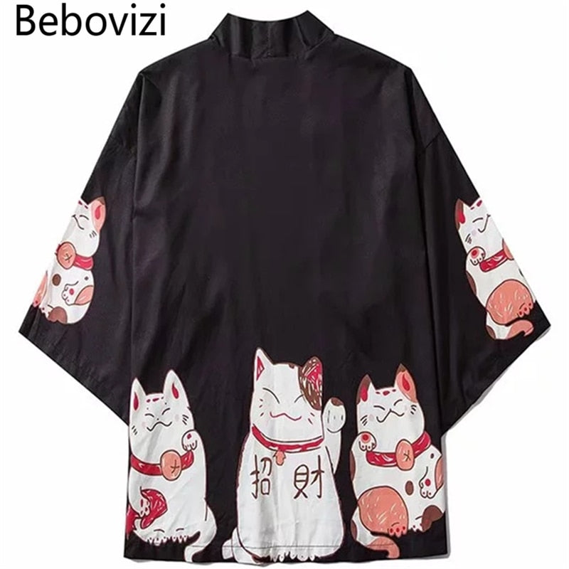 Bebovizi Japan Style Kleidung Herren Sommer Streetwear Cat Print Kimono Cardigan Mandarin Robe Herren Unisex Japanese Trend Kimonos