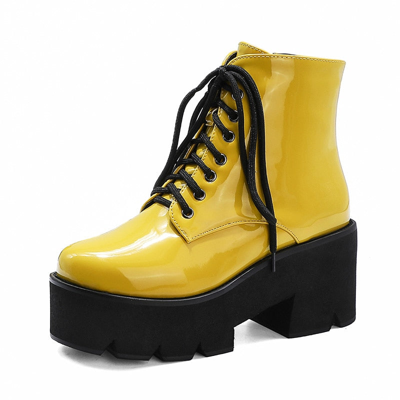 Gdgydh, botines de mujer con tacón de plataforma de estilo Punk, botas gruesas de moto para mujer, zapatos de charol morado amarillo, talla grande