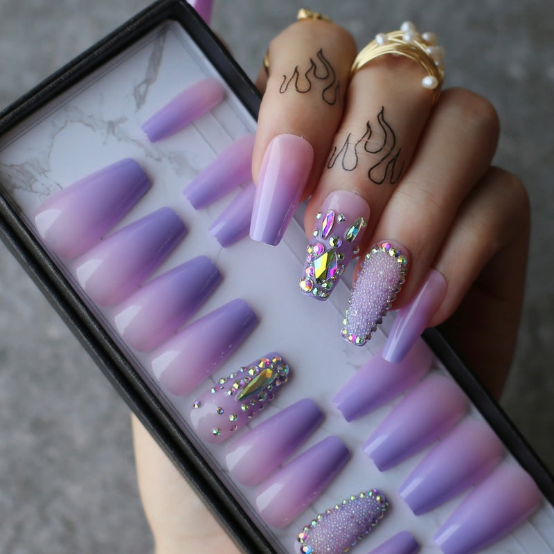 Box gift ombre Purple Lavender coffin false nails Crystal design design caviar Shaped drill Trapezoid fake nails Custom logo