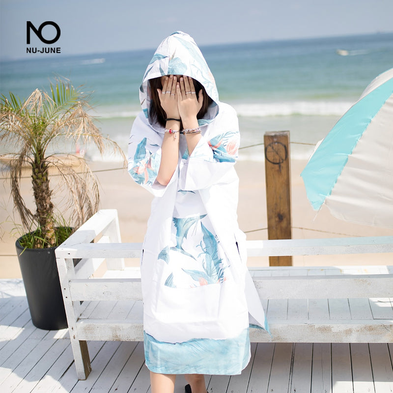 Nu-June Microfiber Printing Changing Robe Bath Towel Outdoor Hooded Beach Towel Poncho Women Man Swimming Diving Bathrobe Cloak