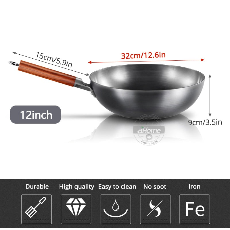 Wok de hierro tradicional chino hecho a mano, sartén antiadherente, cocina de Gas y de inducción sin recubrimiento, utensilios de cocina, sartenes