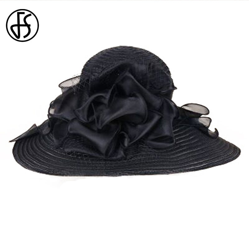 FS Schwarz Weiß Elegant Damen Kirchenhüte Für Damen Blumen Große Krempe Organza Hut Strand Sonne Kentucky Derby Hut Fedora