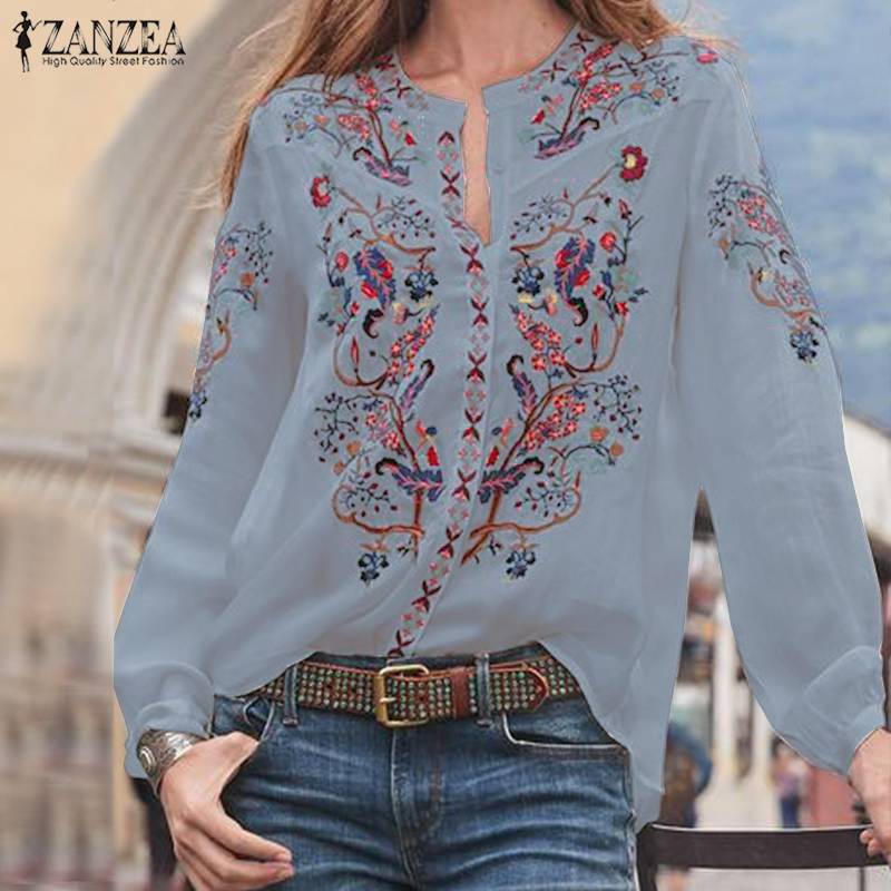 ZANZEA 2022, Tops estampados a la moda, blusa de otoño para mujer, camisas de manga larga con cuello en V bohemias, Blusas holgadas informales para mujer de gran tamaño