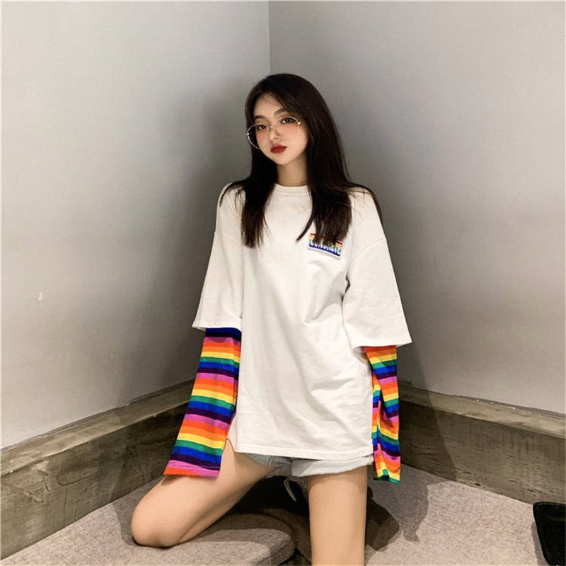 Hirsionsan Rainbow Kawaii T Shirt Women 2020 New Spring Long Sleeve Harajuku Tees Casual Student Tops Stripe Oversized Clothes