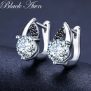 Black Awn 2022 New Classic Silver Color Round Black Trendy Spinel Engagement Hoop Earrings for Women Jewelry Bijoux I131