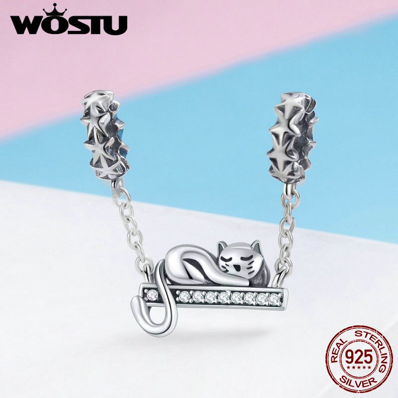 WOSTU Cute Cat Charms 925 Sterling Silver Animal Pussy Zirconia Beads Fit Original Bracelet Pendant DIY Necklace Jewelry