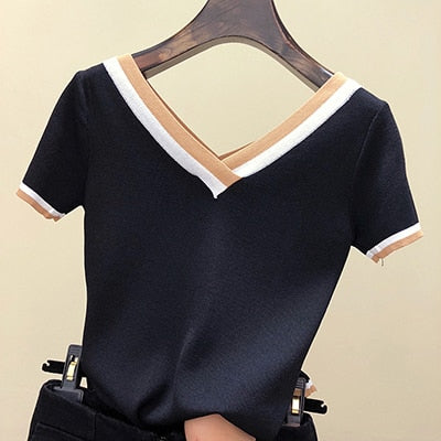 V-Neck T Shirt Women Tshirt Contrast Color Striped Knitted 2022 Summer Top T-Shirt Woman Clothes Tee Shirt Femme Camisetas Mujer