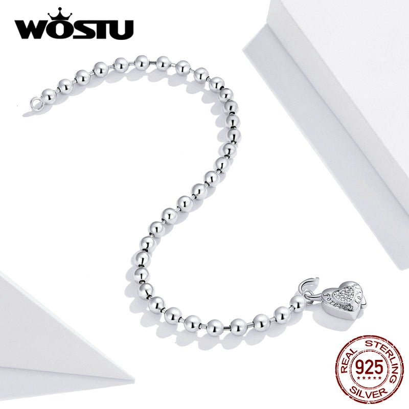 WOSTU Real 925 Sterling Silver Heart Bracelet  Bead Chain Bracelet For Women Wedding Original Bracelet Authentic Jewelry CQB203