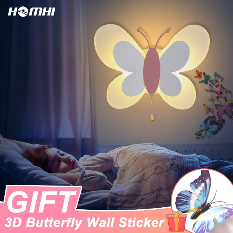 Butterfly Led Wall Sconce With Switch For Kids Bedroom Night Lights Deco Lamp For Girls Pink Fairy Nordic Nursery Decor HWL-044