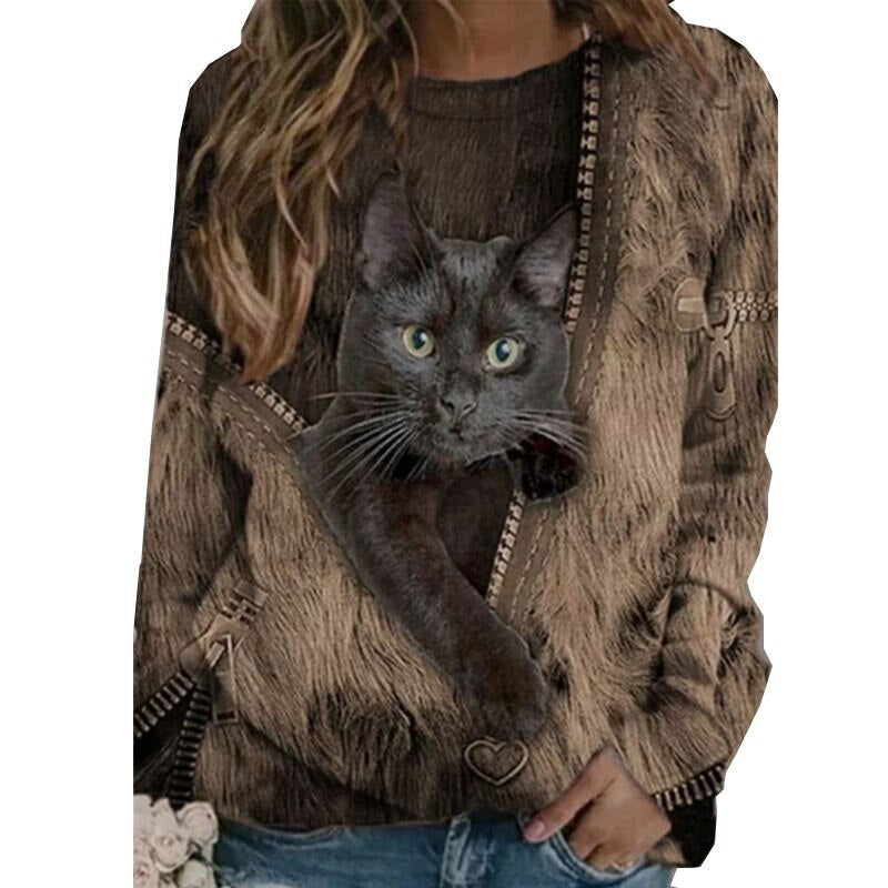 Funny Cute Cat 3D Print Casual Pullovers Women Clothes Spring Autumn Sweatshirts Long Sleeve T-Shirts Lady Clothing Fashion Tops