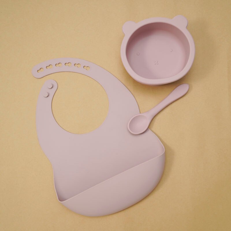 BPA Free Baby Silicone Tableware Waterproof Bib Flexible Saliva Towel Solid Color Sucker Bowl And Spoon For Children