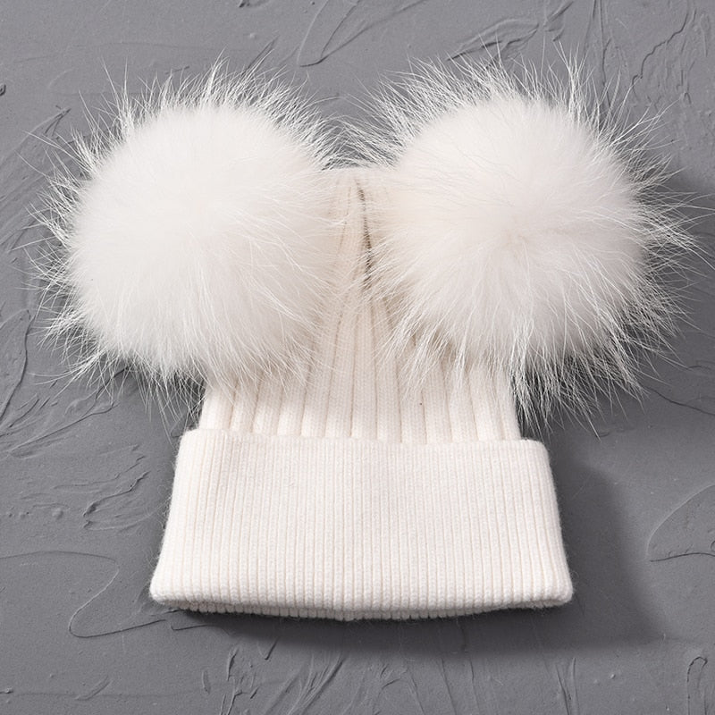 Double Real Raccoon Fur Pompom Hat Women Winter Caps Knitted Wool Hats Skullies Beanies Girls Female Two Fur Pom Pom Beanie Hat