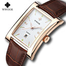 WWOOR Brand Classic Fashion Mens Rectangle Watches Male Gold Brown Leather Quartz Waterproof Wrist Watch For Men Calendar Clocks