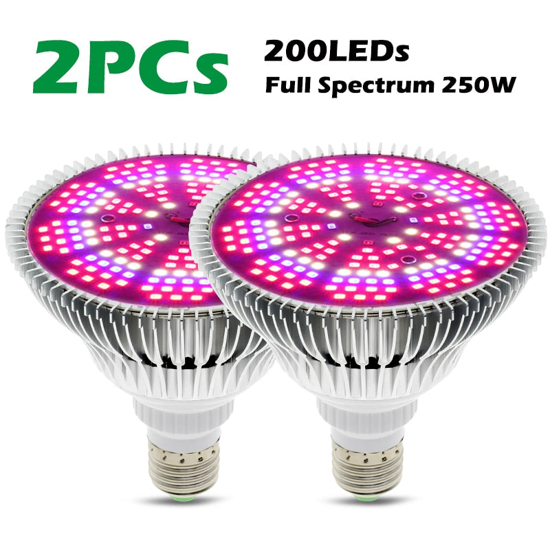 Bombilla LED de 250W para cultivo, bombilla LED E27 para plantas, 200 LED, luces de cultivo de espectro completo similares al sol para plantas de interior, verduras y plántulas