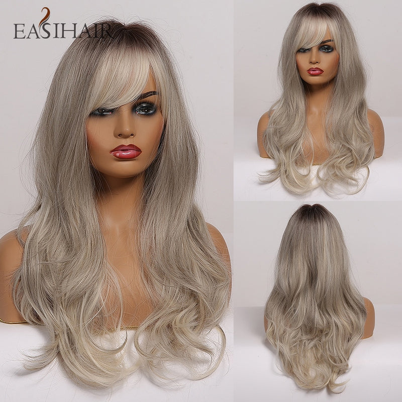 EASIHAIR Grey Ombre Wavy Wigs Long Synthetic Wigs for Women Wigs with Bangs Natural Hair Wigs Heat Resistant Cosplay Wigs