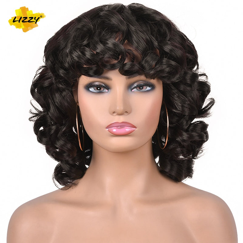 Short Hair Afro Curly Wig With Bangs Loose Synthetic Cosplay Fluffy Shoulder Length Natural Wigs For Black Women Dark Brown 14&quot;