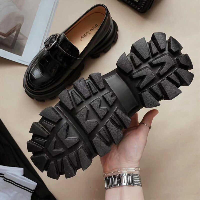 BeauToday Platform Shoes Women Patent Leather Flats Alligator Pattern Round Toe Buckle Decoration Ladies Slip On Handmade 27738