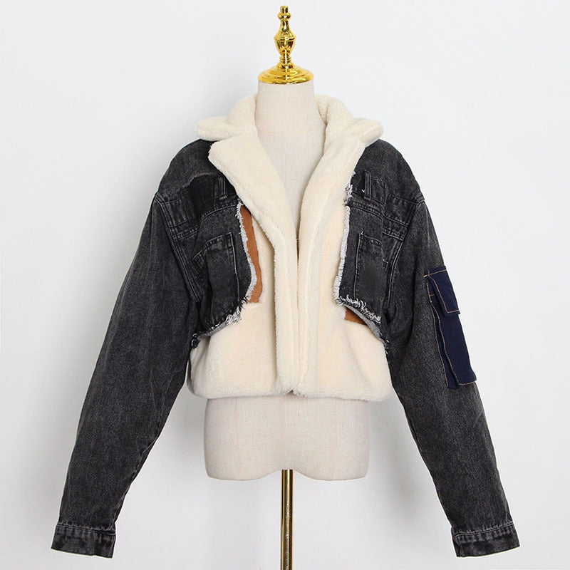 Chaqueta vaquera de lana de cordero TWOTWINSTYLE Patchowrk para mujer, abrigo informal con solapa de manga larga y borlas para mujer, moda de invierno 2022 nueva