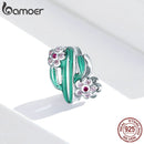 bamoer 2020 New Design 925 Sterling Silver Green Enamel Cactus with Floral Beads Charm for Original Silver Bracelet BSC261