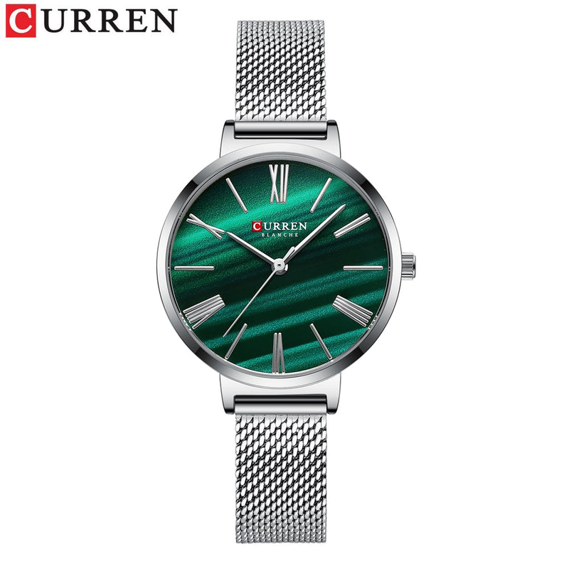 CURREN Mode-Luxusuhren für Frauen Malachit-Grün-Quarz-Kleid-Armband-Armbanduhr mit weiblicher Uhr aus Leder