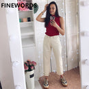 FINEWORDS Autumn Korean Apricot Harem Boyfriend Jeans Women Beige Jeans Vintage Casual Wide Leg Boot Cut Denim Pants