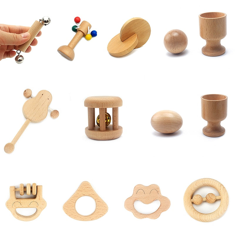 Montessori Neugeborenes Spielzeug Holzobjekt passende Übung Hand gegriffenes Spielzeug Eierbecher Würfel Box Baby Bett Glocke Rassel Stimmgeschenk