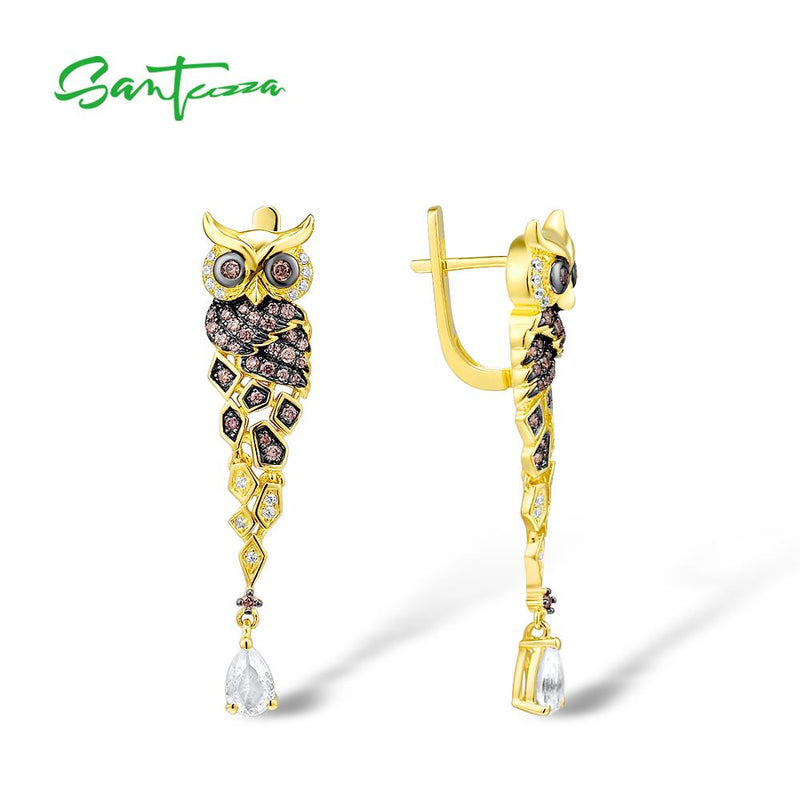 Pendientes de plata SANTUZZA para mujer, Plata de Ley 925, Color dorado, Chocolate brillante, CZ, pendientes creativos de gota de búho, joyería fina