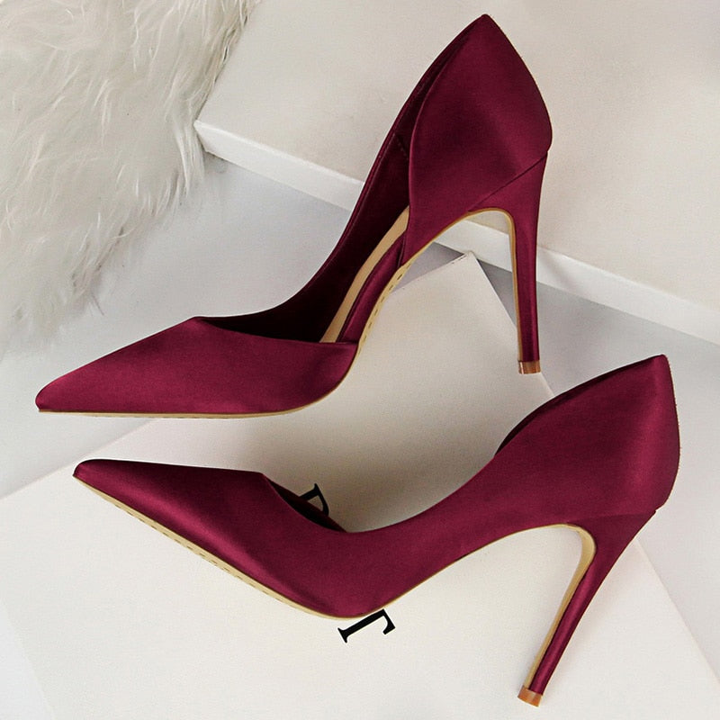 2023 Women 9.5cm High Heels Blue Pumps Satin Escarpins Luxury Stiletto Lady Shoes High Heels Scarpins Burgundy Green Prom Shoes