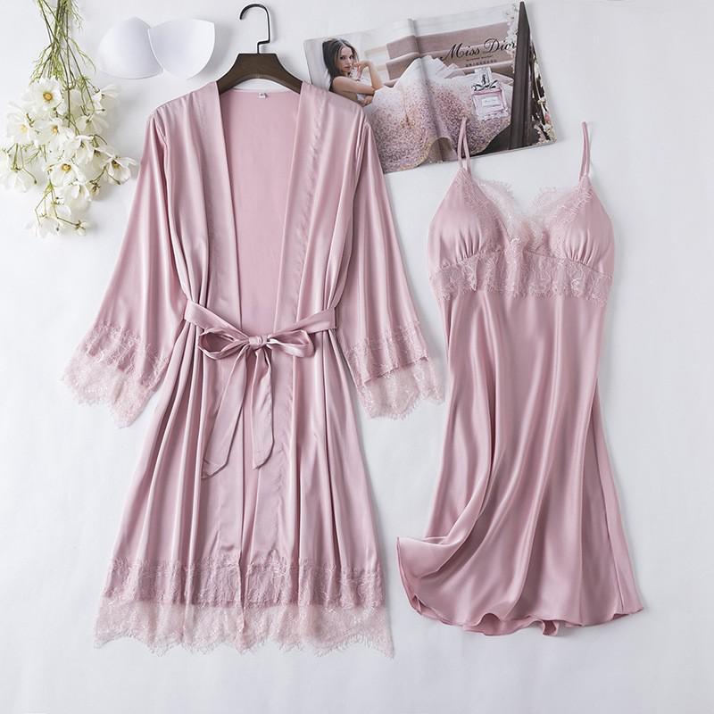 Satin Lady Robes Suit Sexy Kimono Bathrobe Gown Full Slip Lace Nightwear With Strap Nightgown Lingerie Summer Sleepwear With Bow