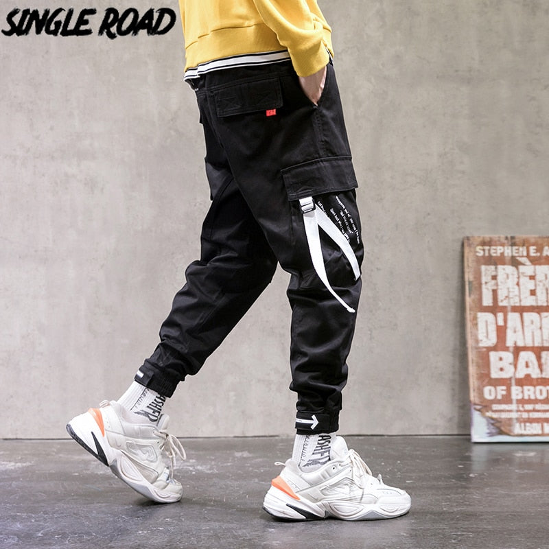 Single Road Herren Cargohose Herren 2020 Schwarz Baggy Ribbon Jogger Hip Hop Korean Style Japanische Streetwear Hose Hose für Herren