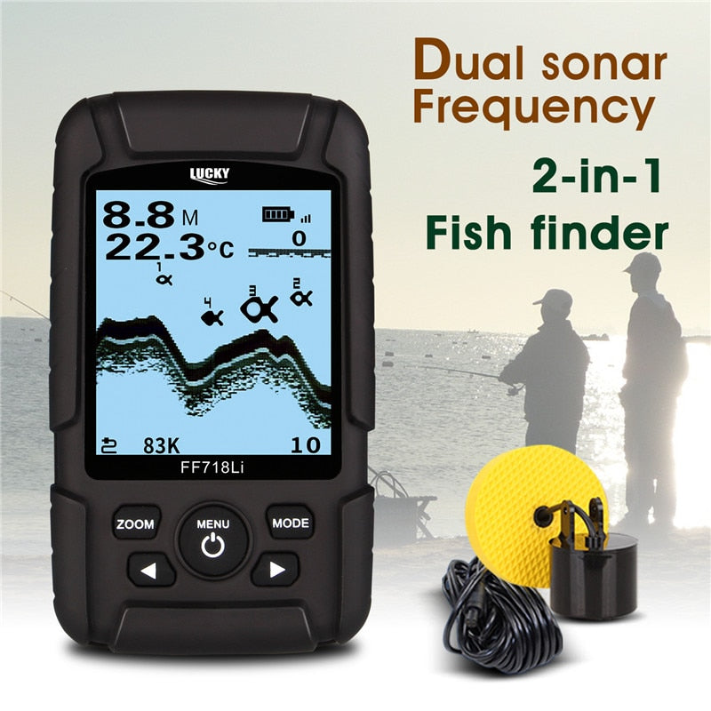 LUCKY FF718LiD Buscador de peces a prueba de agua real 200KHz / 83KHz Frecuencia de sonda dual 100M Detector de alarma de profundidad de detección