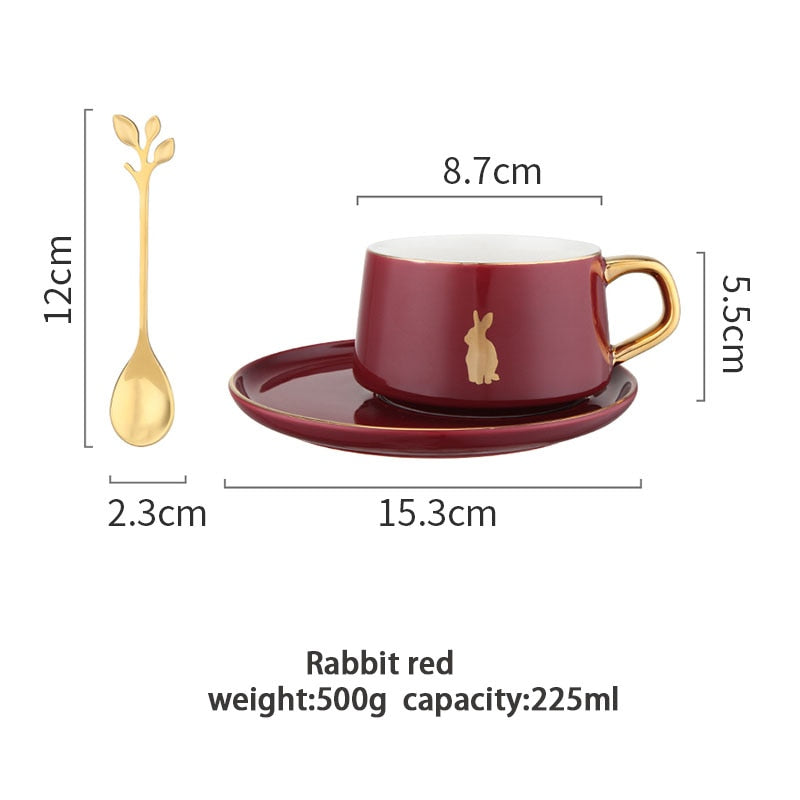 MDZF SWEETHOME 225ml Nordic Style Animal Coffee Cup With Dish Spoon Gold Handle Breakfast Milk Juice Mug Gift For Birthday