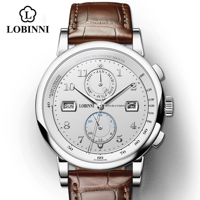 LOBINNI Business Watch Top Brand Luxury Fashion Man Leather Waterproof 50M Male Mechanical Wristwatch with Date Display Watches