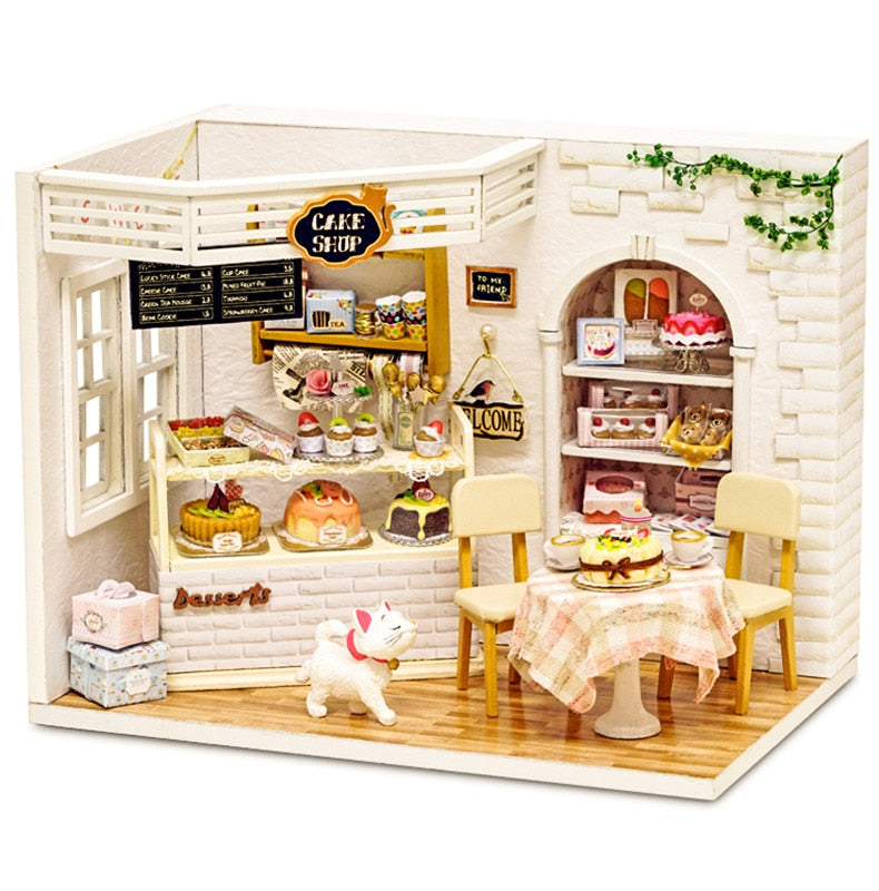 Cutebee DIYHouse miniatura con muebles LED música polvo cubierta modelo Juguetes De bloques De construcción para niños Casa De Boneca