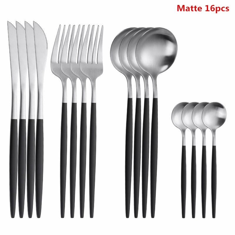 Black Tableware Forks Knives Spoons Cutlery Dinner Set Stainless Steel Cutlery Set Kitchen Flatware Set 16Pcs Luxury Dinnerware