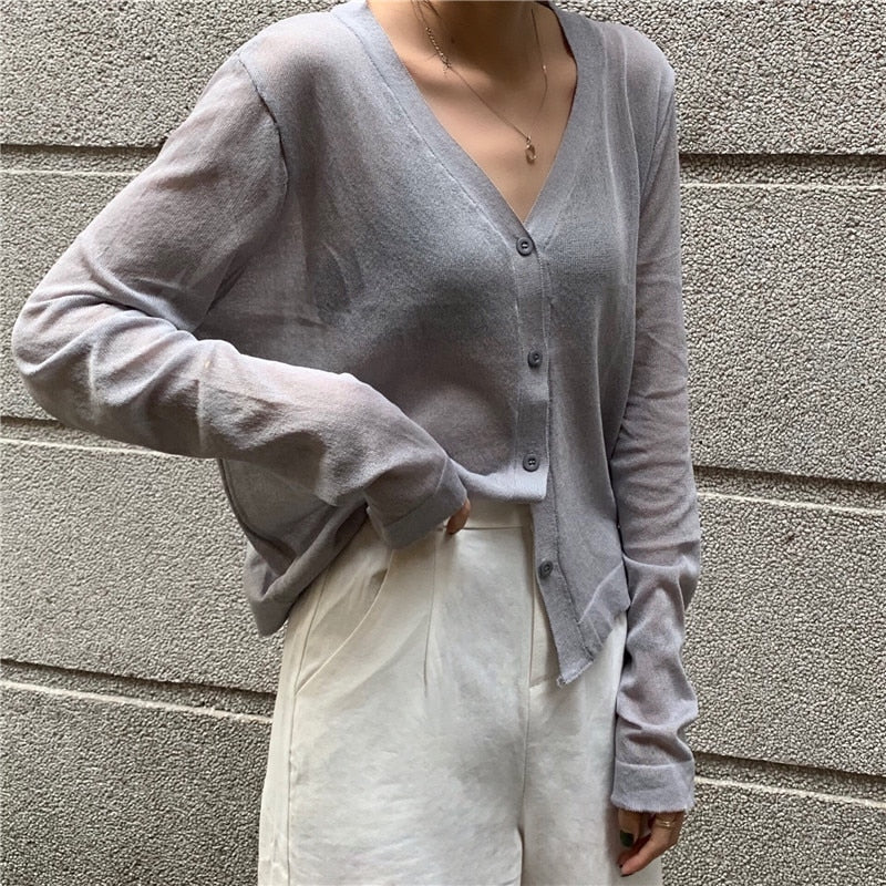 Cardigan Women Korean Long Sleeve Cardigan Summer Cropped Cardigan Knitted V-Neck Thin Ice Silk Sweaters Sunscreen Shirt Tops