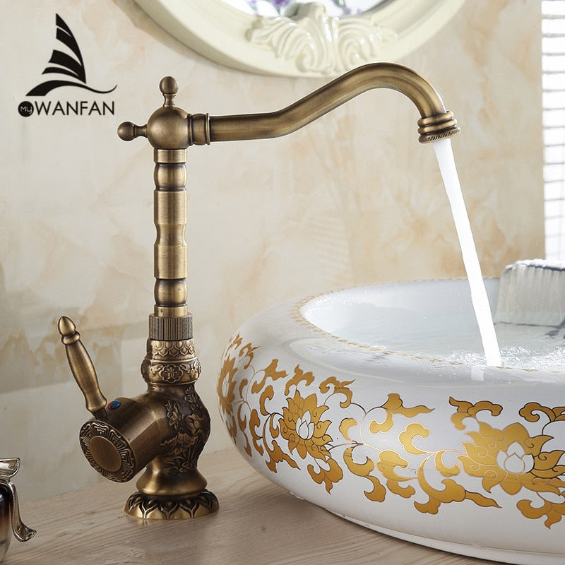 Basin Faucets Antique Brass Bathroom Faucet Grifo Lavabo Tap Rotate Single Handle Hot and Cold Water Mixer Taps Crane AL-9966F