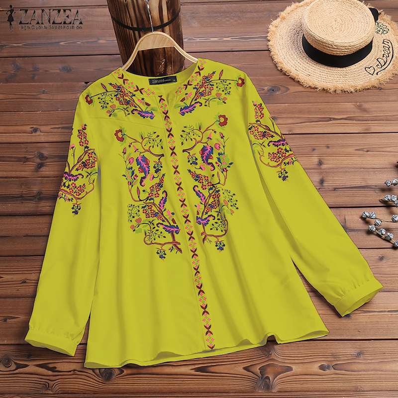 ZANZEA 2022 Fashion Printed Tops Women's Autumn Blouse Bohemian V Neck Long Sleeve Shirts Female Casual Loose Blusas Oversized