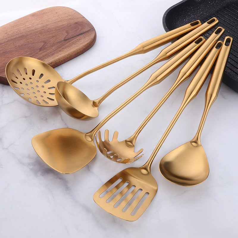 Gold cookware Stainless Steel Cooking tools spatula Shovels Turner Ladle Spoon Colander Filter Potato Mashers Kitchen Utensils